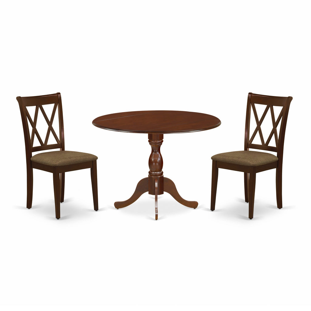 DMCL3-493-M Three-Piece Dining Ensemble for Compact Spaces Round Dropleaf Table & Upholstered Chairs, Mahogany Finish