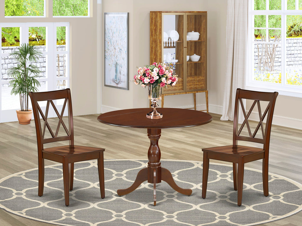 DMCL3-RM1-W Dining Collection 3 Piece Set with Round Table & Dropleaf, 2 Chairs 42x42 Mahogany Finish
