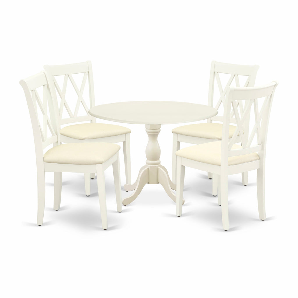 DMCL5-PNF-0 5-Piece Round Dining Set with Drop Leaf Table & 4 Upholstered Chairs - Bright Linen