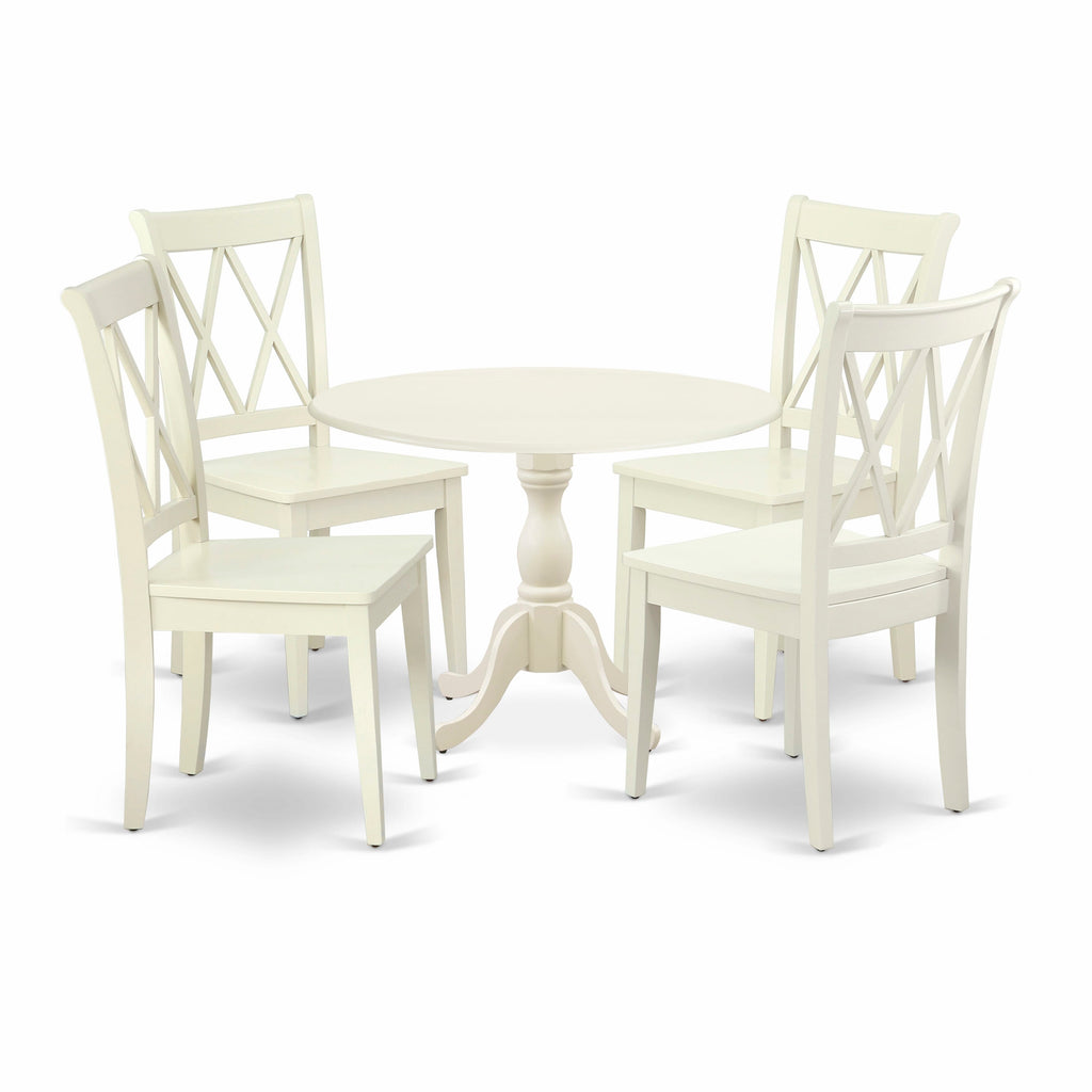 DMCL5-I62-Y Classic 5 Piece Set with Round Table, Dropleaf, & 4 Wooden Seats, 42x42 Linen White