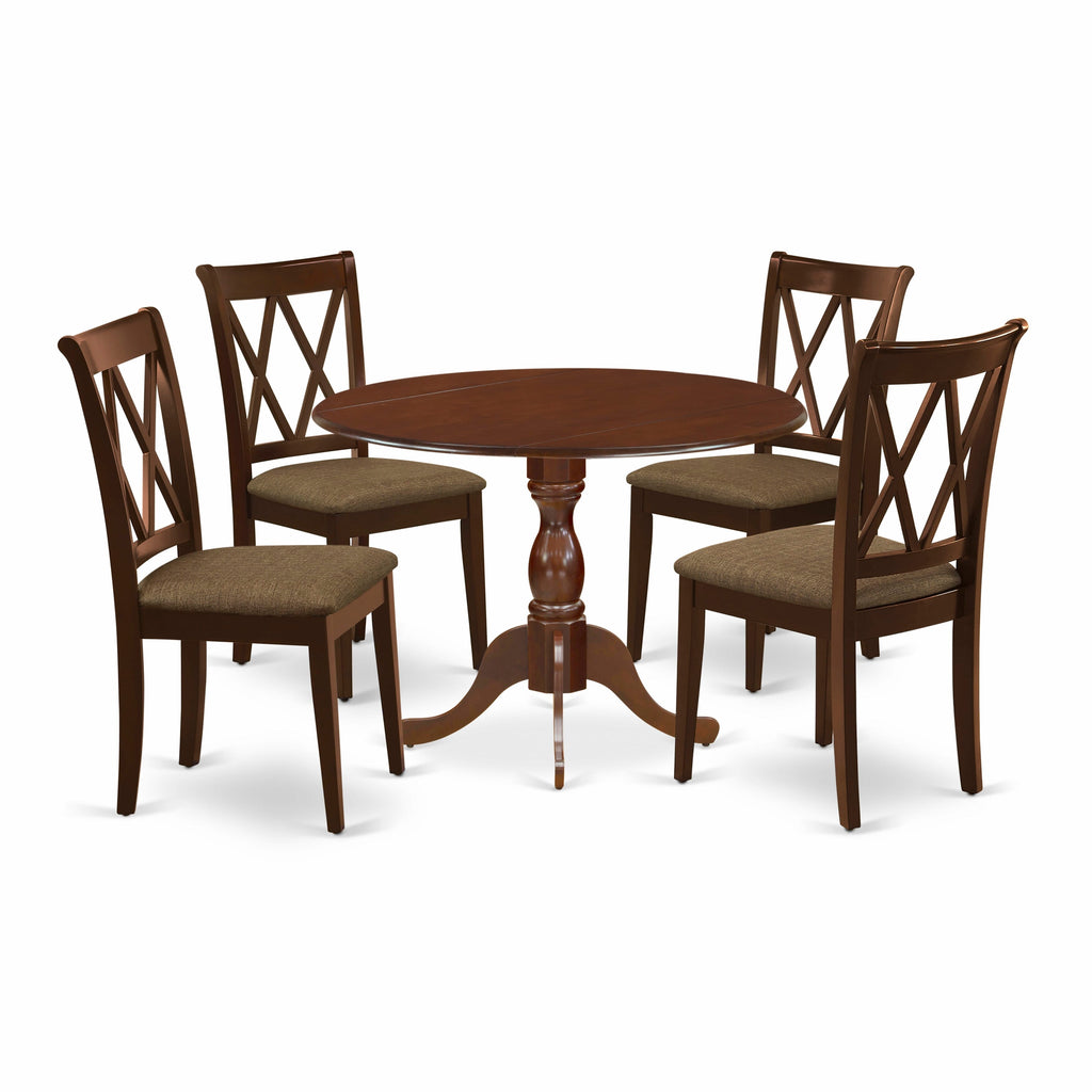 DMCL5-NQF-4 5-Piece Dining Ensemble - Compact Round Table with Dropleaf & 4 Comfy Linen Chairs, Mahogany Finish