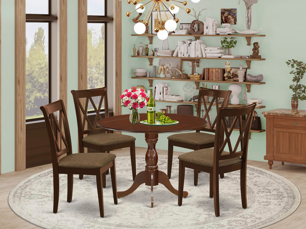 DMCL5-NQF-4 5-Piece Dining Ensemble - Compact Round Table with Dropleaf & 4 Comfy Linen Chairs, Mahogany Finish