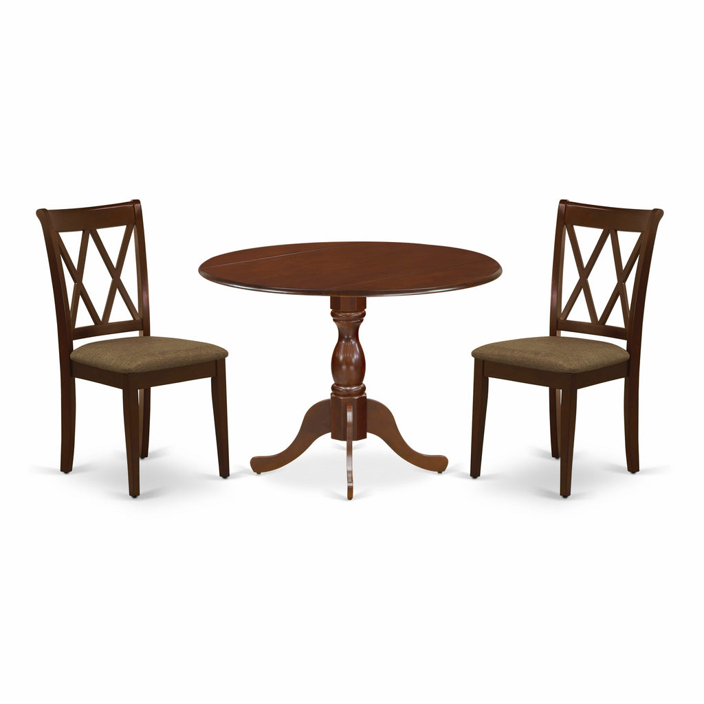 DMDA3-T8F-D Compact Dining Set 3-Piece Ensemble with Round Drop Leaf Table & 2 Fabric Chairs in 42x42 Mahogany Finish