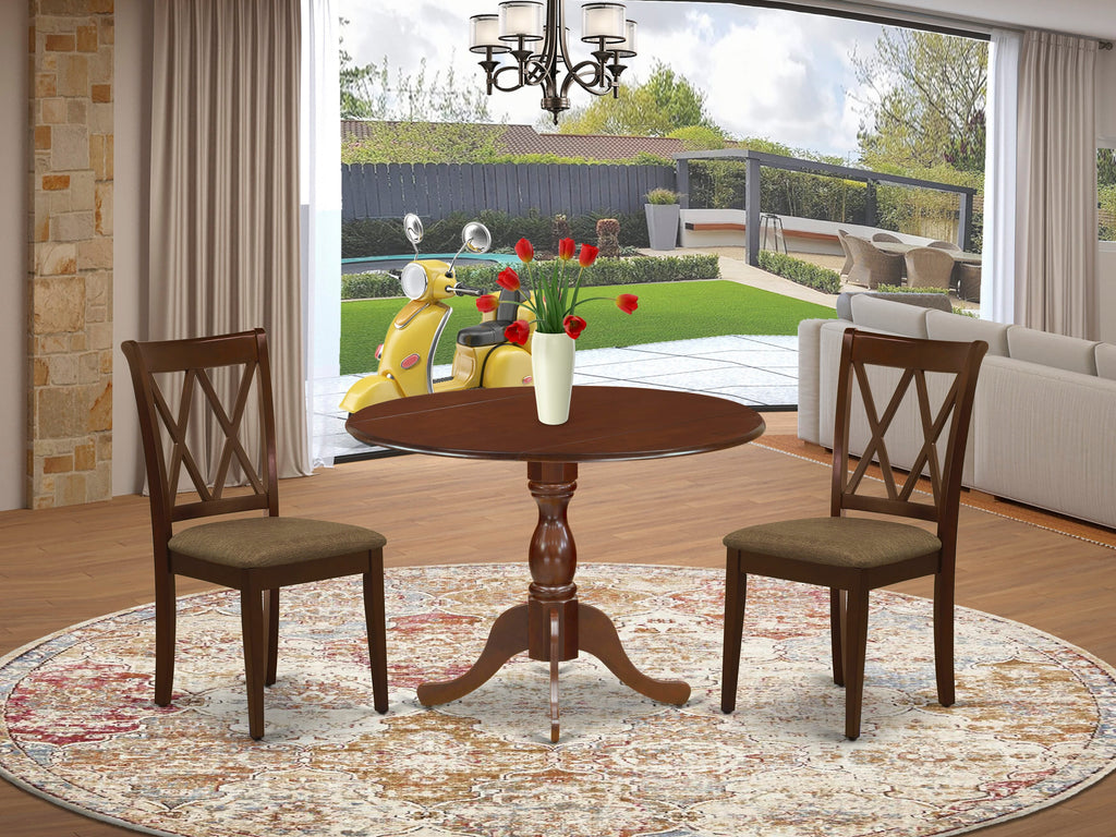 DMDA3-T8F-D Compact Dining Set 3-Piece Ensemble with Round Drop Leaf Table & 2 Fabric Chairs in 42x42 Mahogany Finish