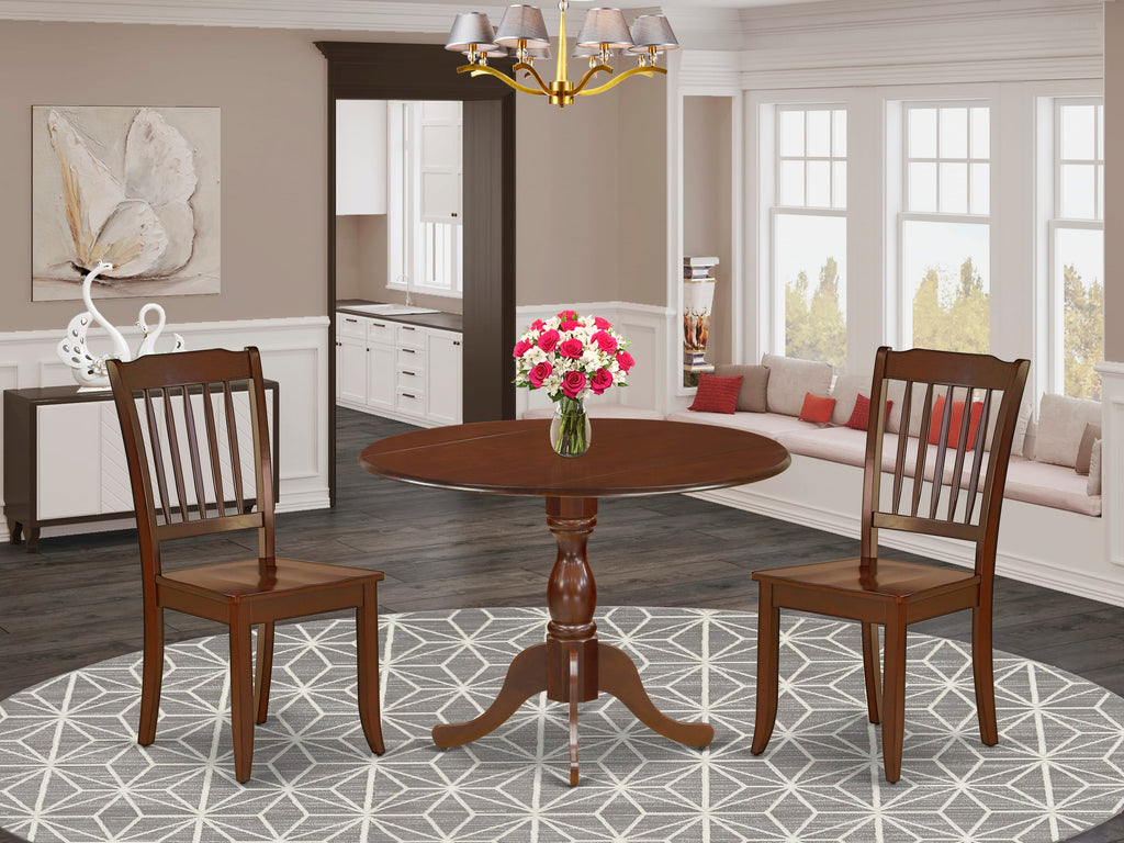 DMDA3-DJ4-2 Charming Mahogany 3-Piece Round Dining Set with Drop-leaf Table & Solid Wood Seats