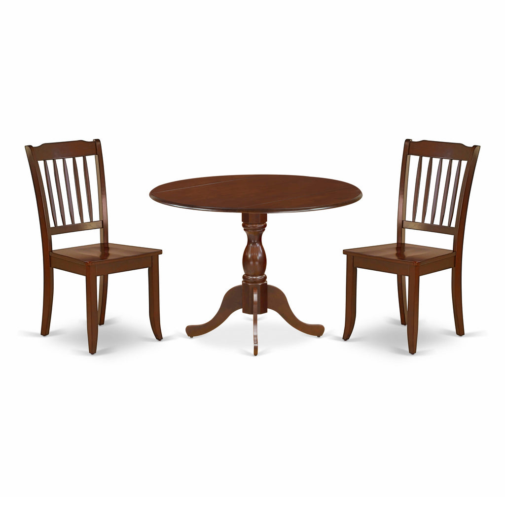 DMDA3-DJ4-2 Charming Mahogany 3-Piece Round Dining Set with Drop-leaf Table & Solid Wood Seats