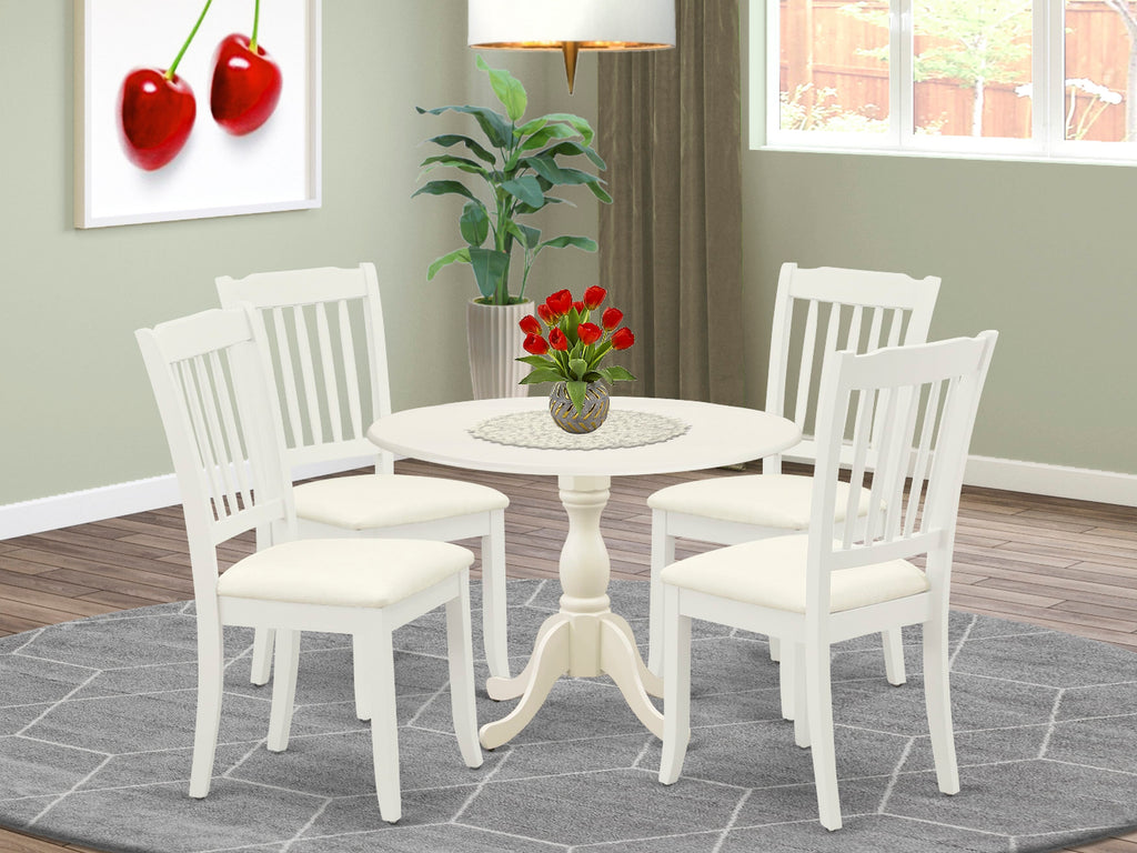 DMDA5-IJM-F Elegant 5-Piece Dining Set - Round Table with Dropleaf & 4 Upholstered Chairs, 42 Linen Finish