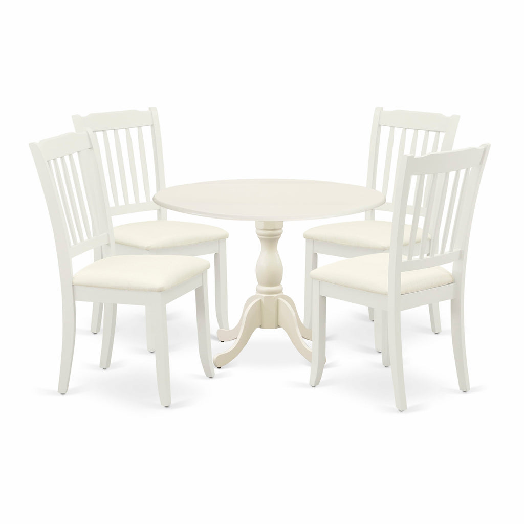 DMDA5-IJM-F Elegant 5-Piece Dining Set - Round Table with Dropleaf & 4 Upholstered Chairs, 42 Linen Finish