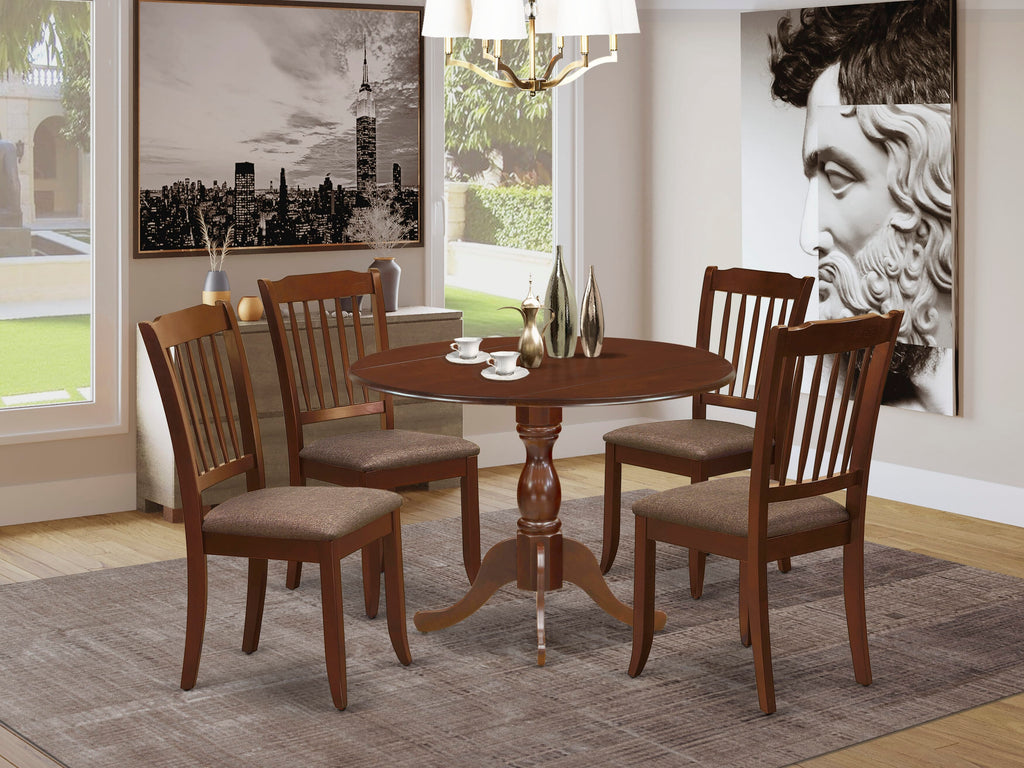 DMDA5-HQB-Q Dining Set with Dropleaf Table and Fabric Chairs, 42 Square, Mahogany - 5 Piece Ensemble