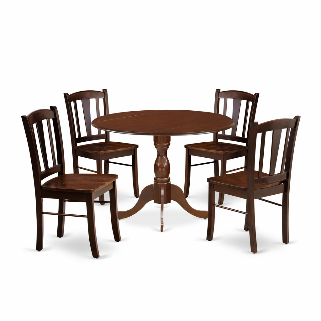 DMDL5-CIK-U 5-Piece Dining Set with Circular Drop Leaf Table and Four Wooden Chairs, 42-Inch Mahogany