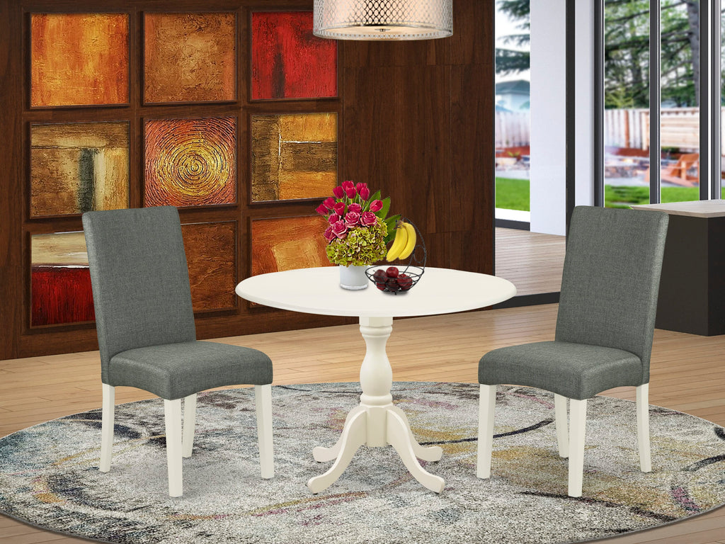 DMDR3-2VU-8F 3 Piece Dining Set with Dropleaf Table and Gray Linen Chairs, 42x42 in White Finish