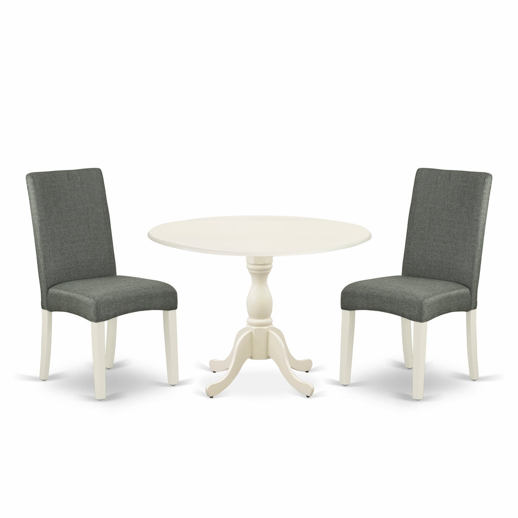 DMDR3-2VU-8F 3 Piece Dining Set with Dropleaf Table and Gray Linen Chairs, 42x42 in White Finish