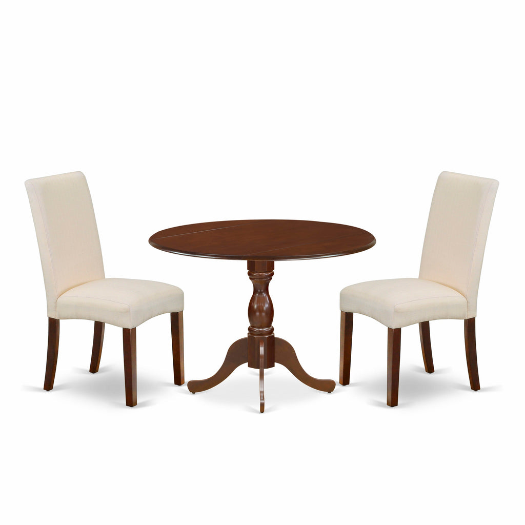 DMDR3-2TX-2K 3-Piece Dining Room Ensemble with Dropleaf Table and Cream Parson Chairs, 42x42, Mahogany Elegance