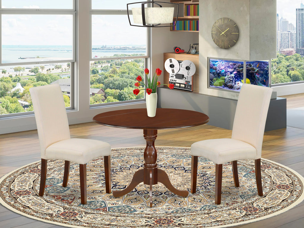 DMDR3-2TX-2K 3-Piece Dining Room Ensemble with Dropleaf Table and Cream Parson Chairs, 42x42, Mahogany Elegance