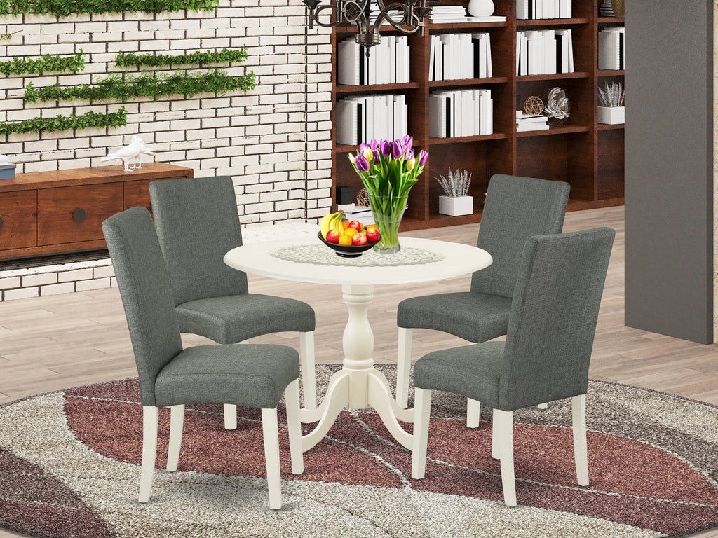 DMDR5-5AO-TA 5-Piece Dining Set Round Drop-leaf Table & 4 Gray Parsons Chairs, 42 Square, Linen White Finish