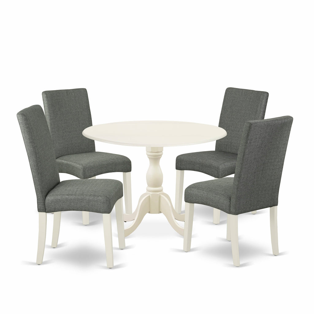 DMDR5-5AO-TA 5-Piece Dining Set Round Drop-leaf Table & 4 Gray Parsons Chairs, 42 Square, Linen White Finish