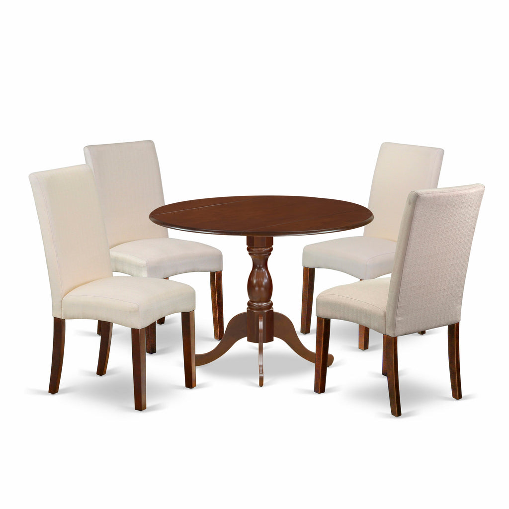 DMDR5-7EP-JU 5-Piece Dining Set Round Table 42x42 with Dropleaf and 4 Cream Linen Chairs in Mahogany