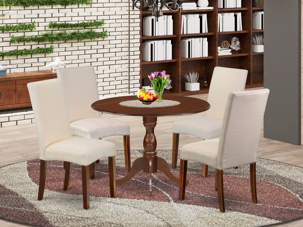 DMDR5-7EP-JU 5-Piece Dining Set Round Table 42x42 with Dropleaf and 4 Cream Linen Chairs in Mahogany