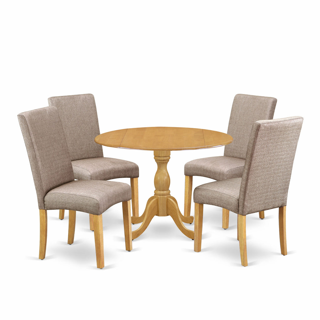 DMDR5-X5N-KO Stylish 5-Piece Dining Set Oak Round Table with Dropleaf & 4 Parson Chairs in Linen Fabric