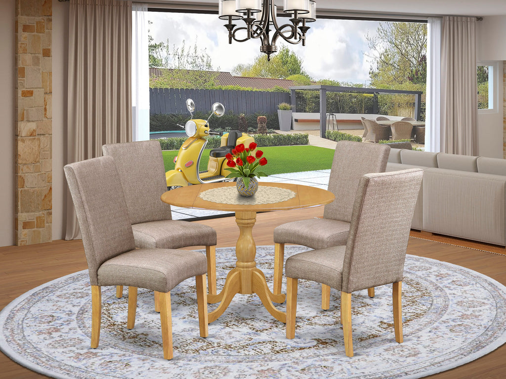 DMDR5-X5N-KO Stylish 5-Piece Dining Set Oak Round Table with Dropleaf & 4 Parson Chairs in Linen Fabric