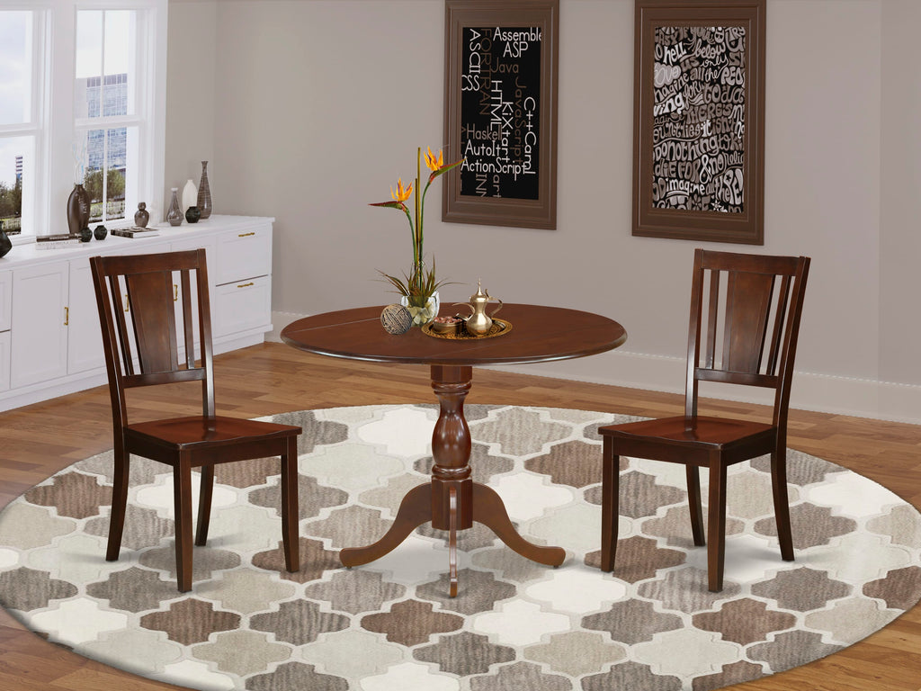 DMDU3-VFB-Y Set of Round Drop Leaf Dining Table with 2 Chairs, Wood Seats, 42 Square - Mahogany Finish, Comfy Trio for Dining Spaces