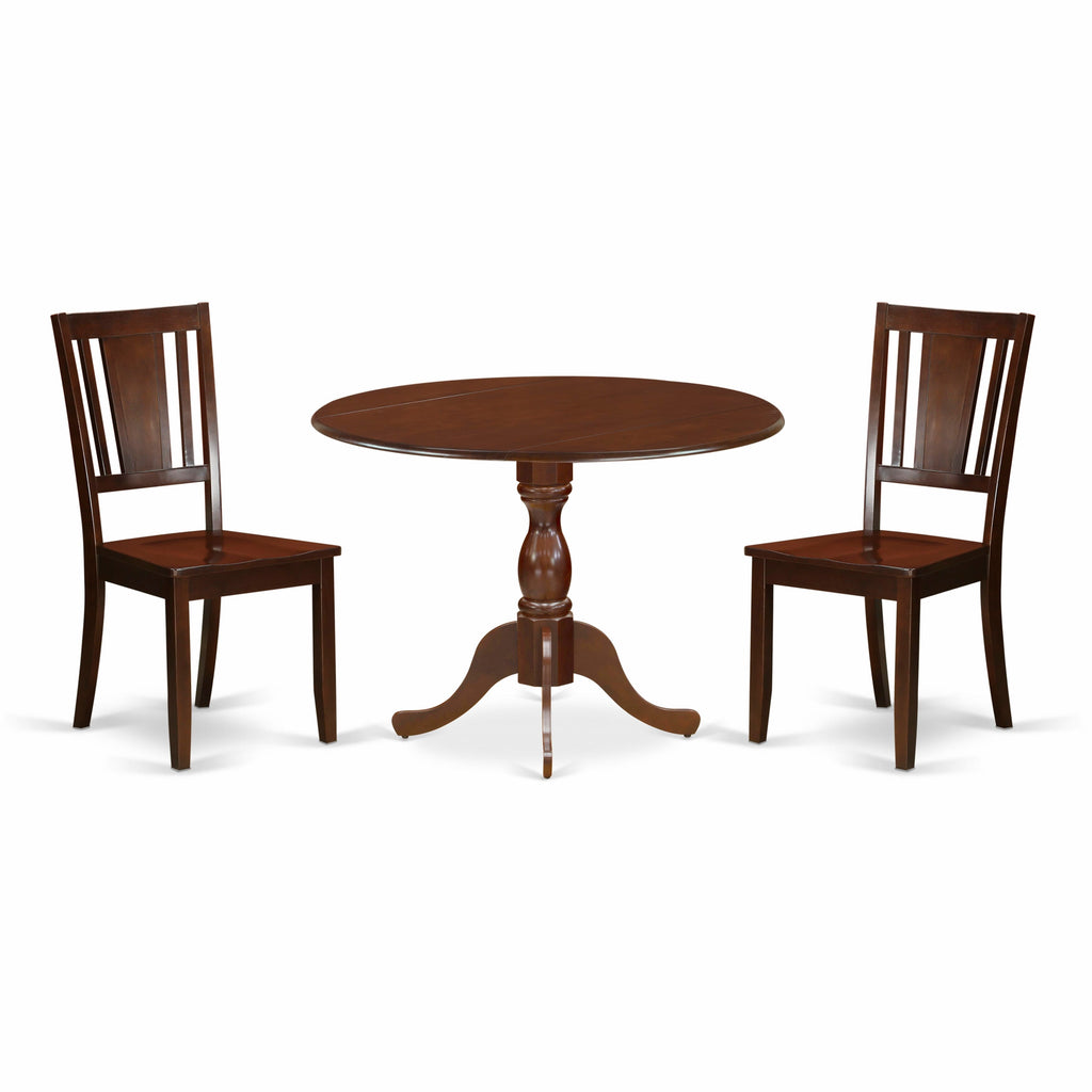 DMDU3-VFB-Y Set of Round Drop Leaf Dining Table with 2 Chairs, Wood Seats, 42 Square - Mahogany Finish, Comfy Trio for Dining Spaces