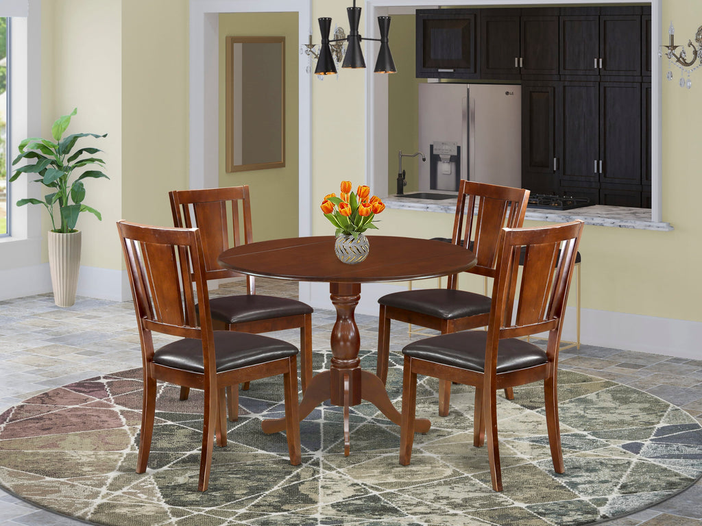 DMDU5-214-S Elegant 5-Piece Dining Ensemble Round Dropleaf Table & Upholstered Chairs in Mahogany Finish