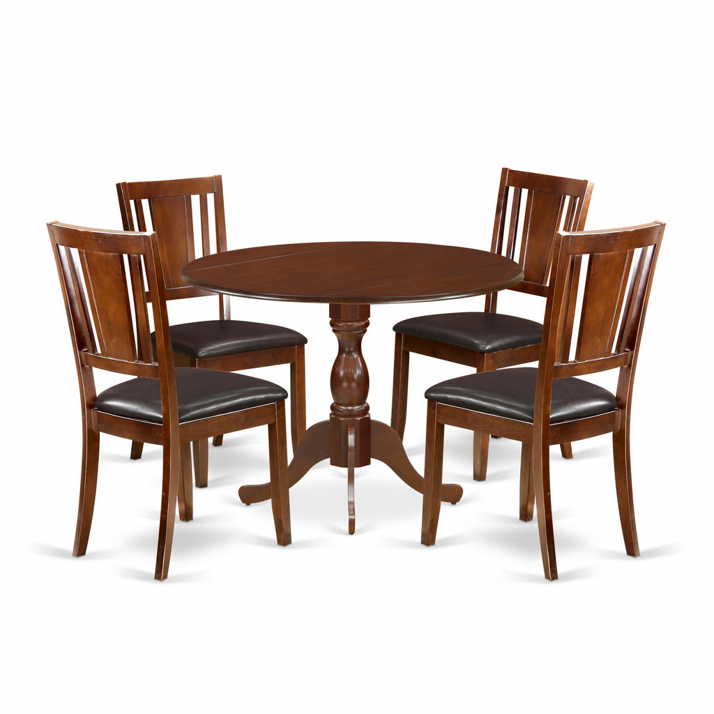 DMDU5-214-S Elegant 5-Piece Dining Ensemble Round Dropleaf Table & Upholstered Chairs in Mahogany Finish
