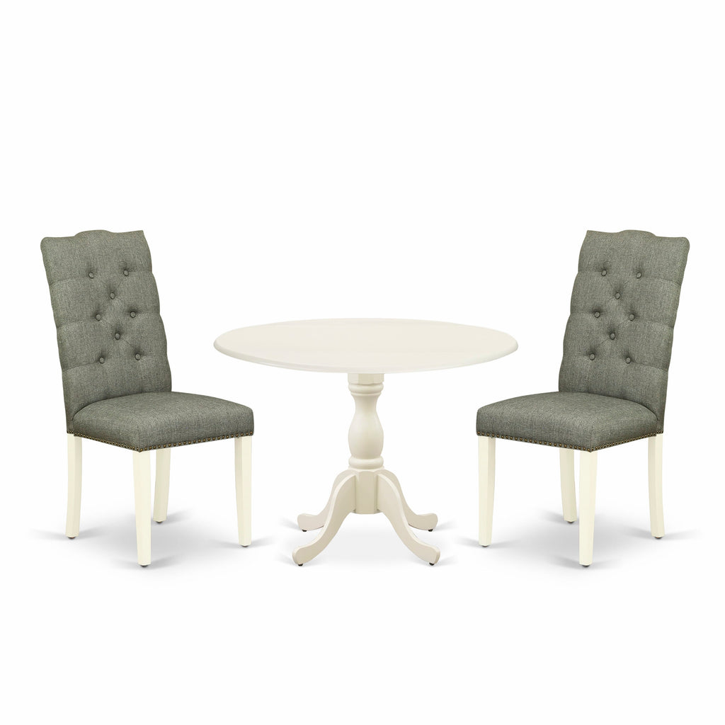 DMEL3-9JU-HN Compact 3-Piece Dropleaf Table Set with Linen Upholstered Seating, 42 White Finish
