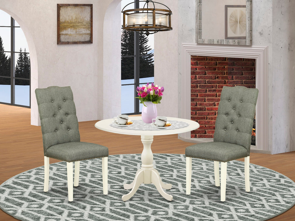 DMEL3-9JU-HN Compact 3-Piece Dropleaf Table Set with Linen Upholstered Seating, 42 White Finish