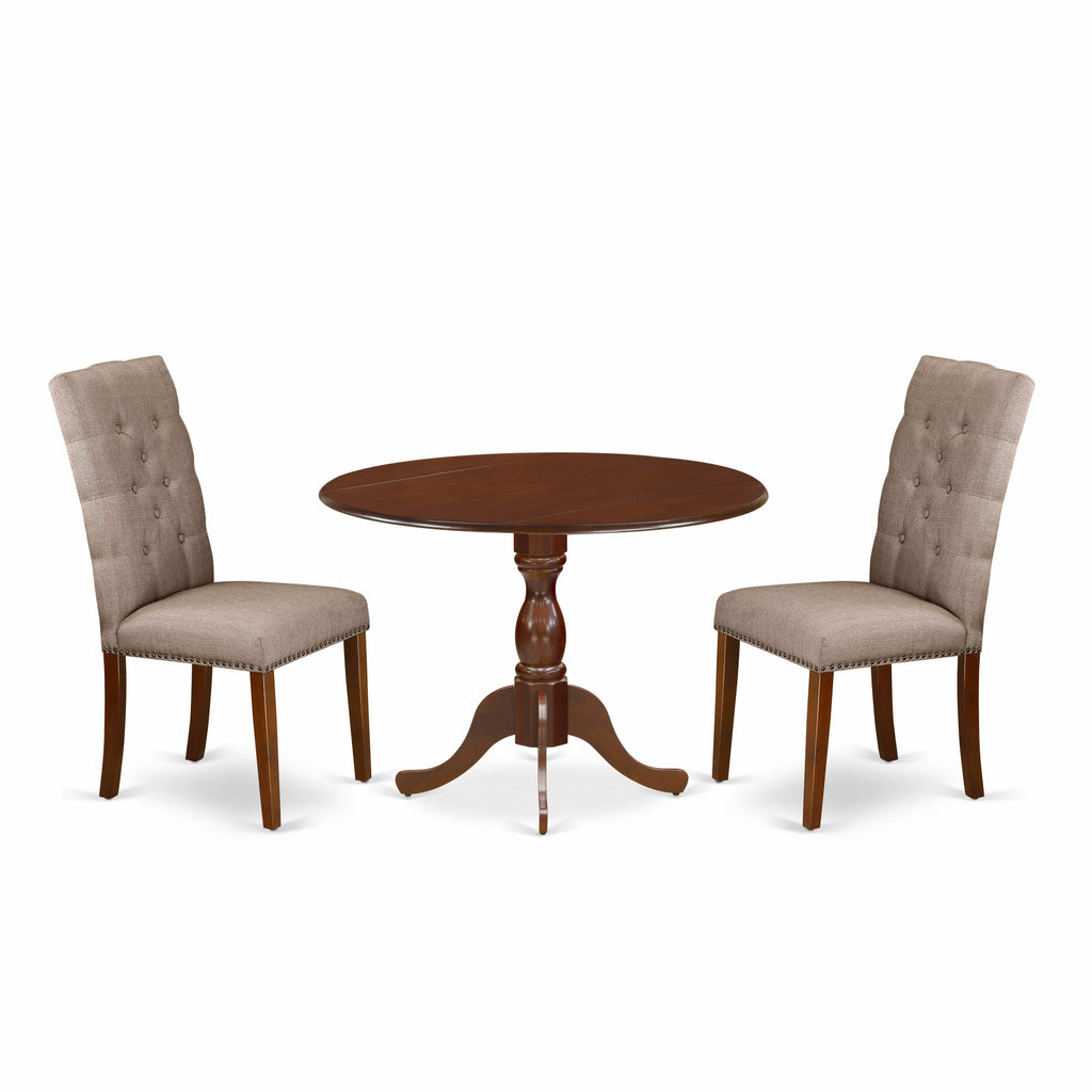 DMEL3 Portable Dining Ensemble Three-Piece Dropleaf Table & Chairs, Mahogany-Match Upholstery
