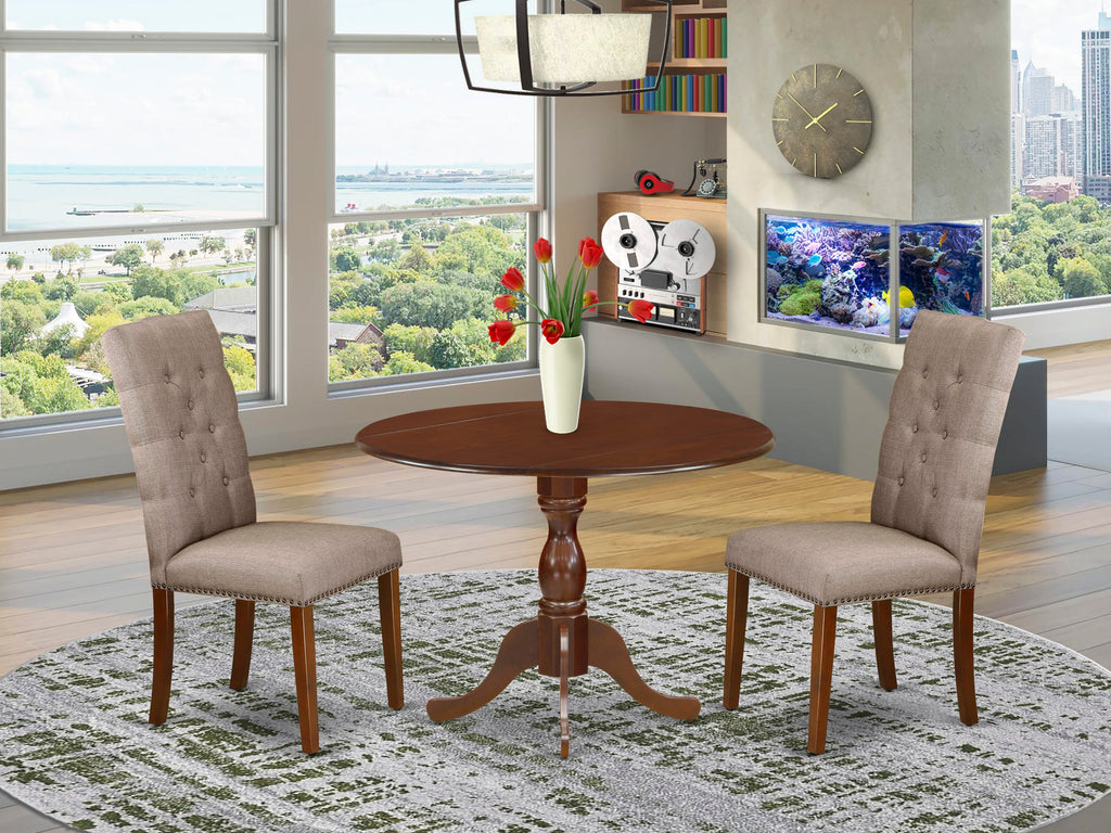 DMEL3 Portable Dining Ensemble Three-Piece Dropleaf Table & Chairs, Mahogany-Match Upholstery