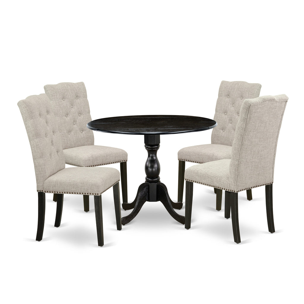 DMEL5-X1L-VE 5-Piece Dining Ensemble Round Dropleaf Table & 4 Doeskin Linen Seats, Wirebrushed Finish