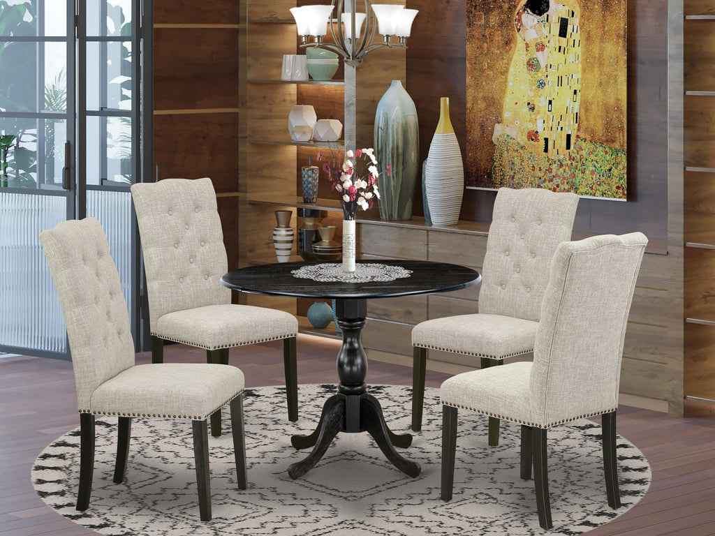 DMEL5-X1L-VE 5-Piece Dining Ensemble Round Dropleaf Table & 4 Doeskin Linen Seats, Wirebrushed Finish
