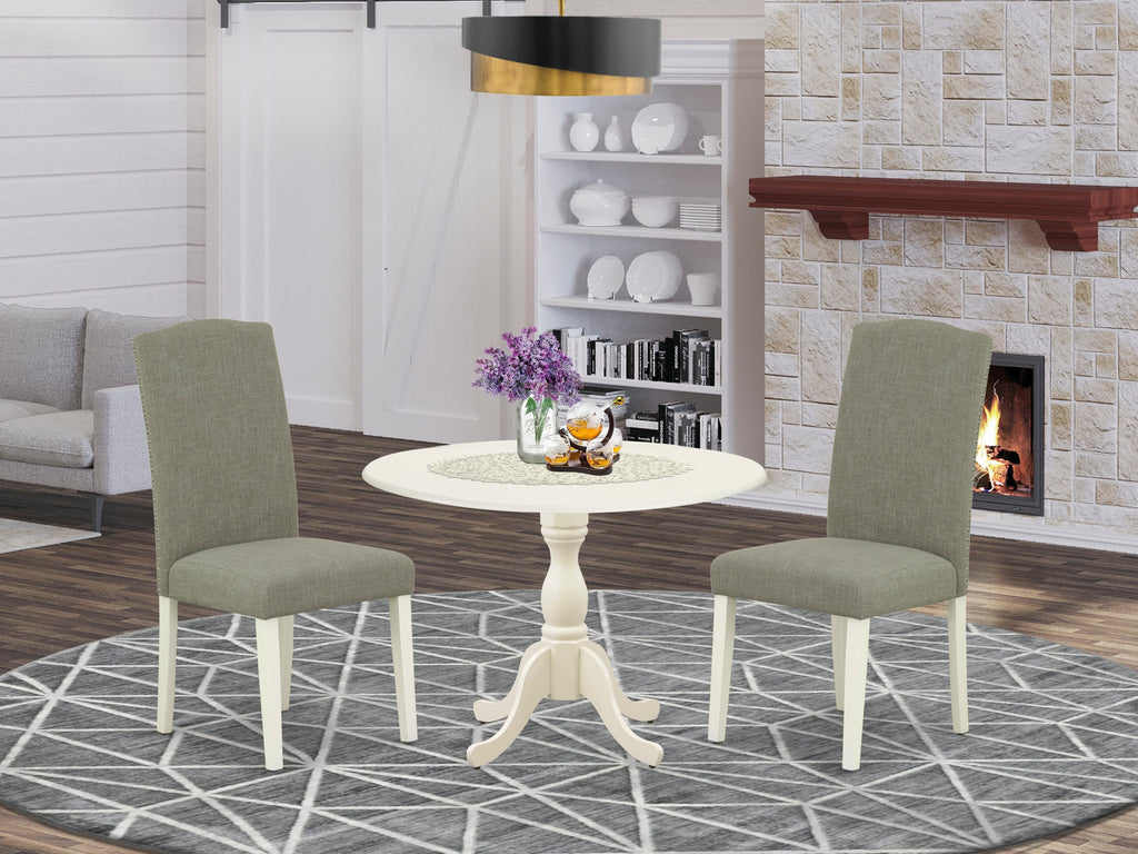 DMEN3-BGI-1Z Compact 3-Piece Round Drop-leaf Dining Set with Neutral Chairs for Cozy Areas, 42x42 Style