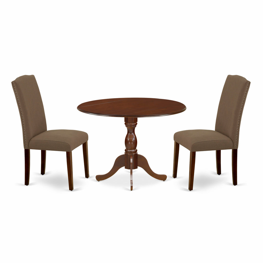 DMEN3-1S1-HV 3 Pc Dining Set Round Table with Dropleaf & 2 Upholstered Seats, Mahogany Finish, 42x42