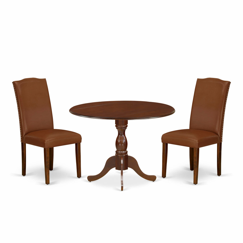 DMEN3-7W4-4D Vintage 3-Piece Round Dining Set with Drop Leafs & 2 Upholstered Chairs in Dark Wood Finish, 42x42 in