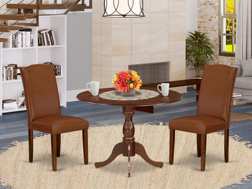 DMEN3-7W4-4D Vintage 3-Piece Round Dining Set with Drop Leafs & 2 Upholstered Chairs in Dark Wood Finish, 42x42 in