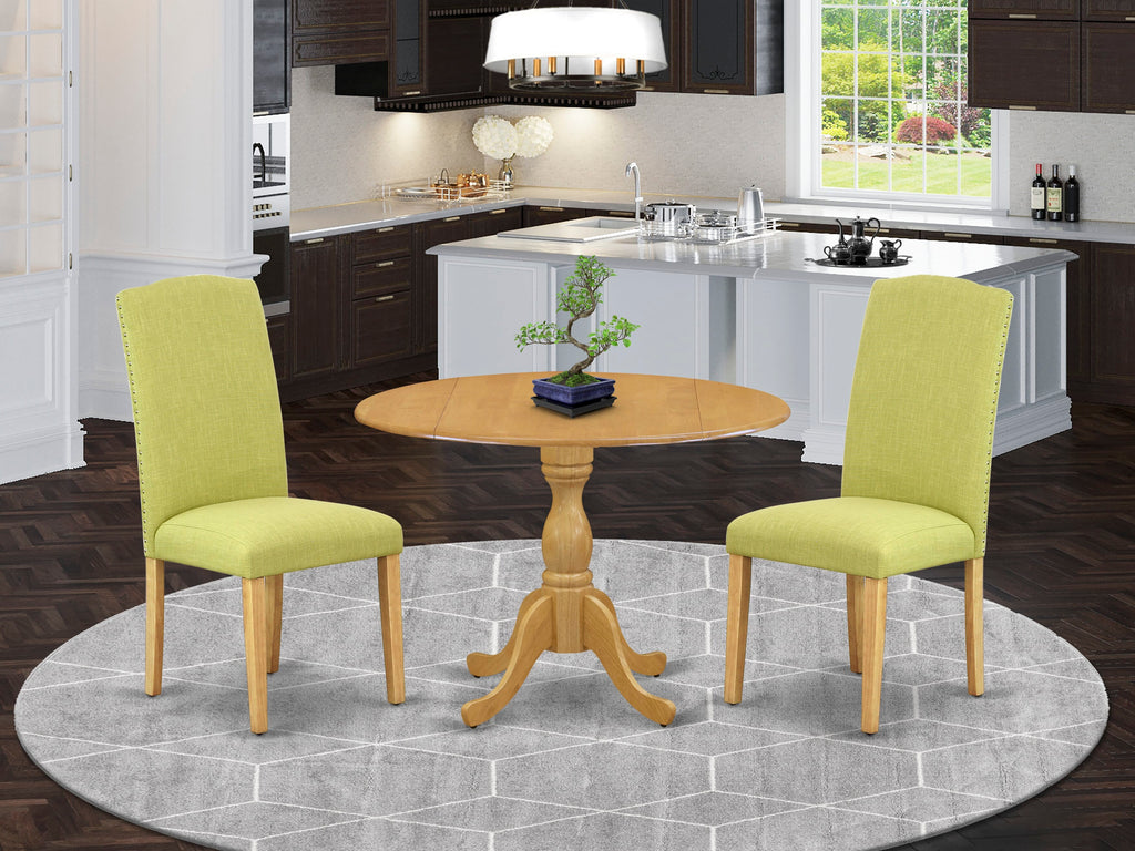 DMEN3-OAK-NH Compact Dining Set with Drop-leaf Round Table & Pair of Linen-Finish Chairs for Cozy Settings