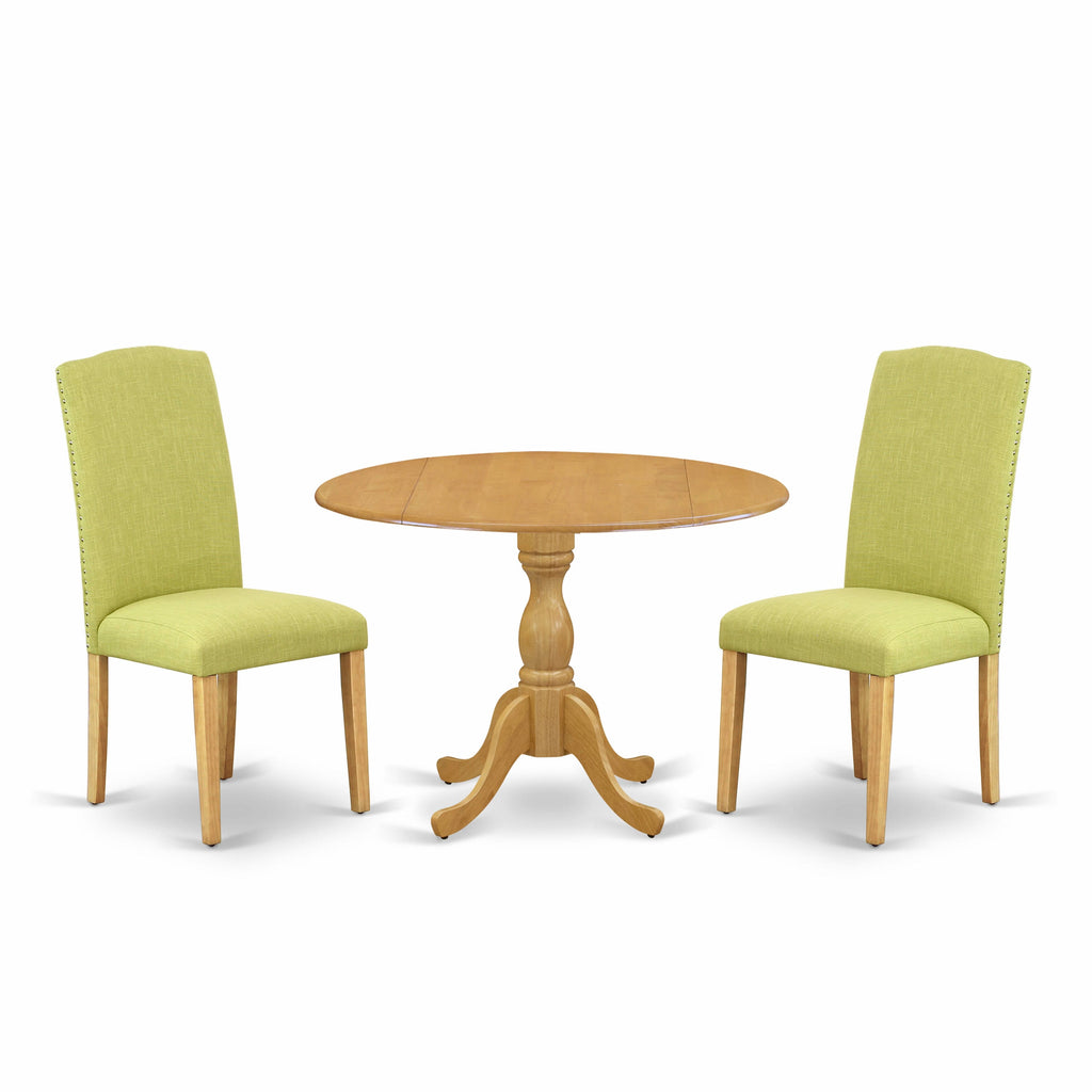 DMEN3-OAK-NH Compact Dining Set with Drop-leaf Round Table & Pair of Linen-Finish Chairs for Cozy Settings