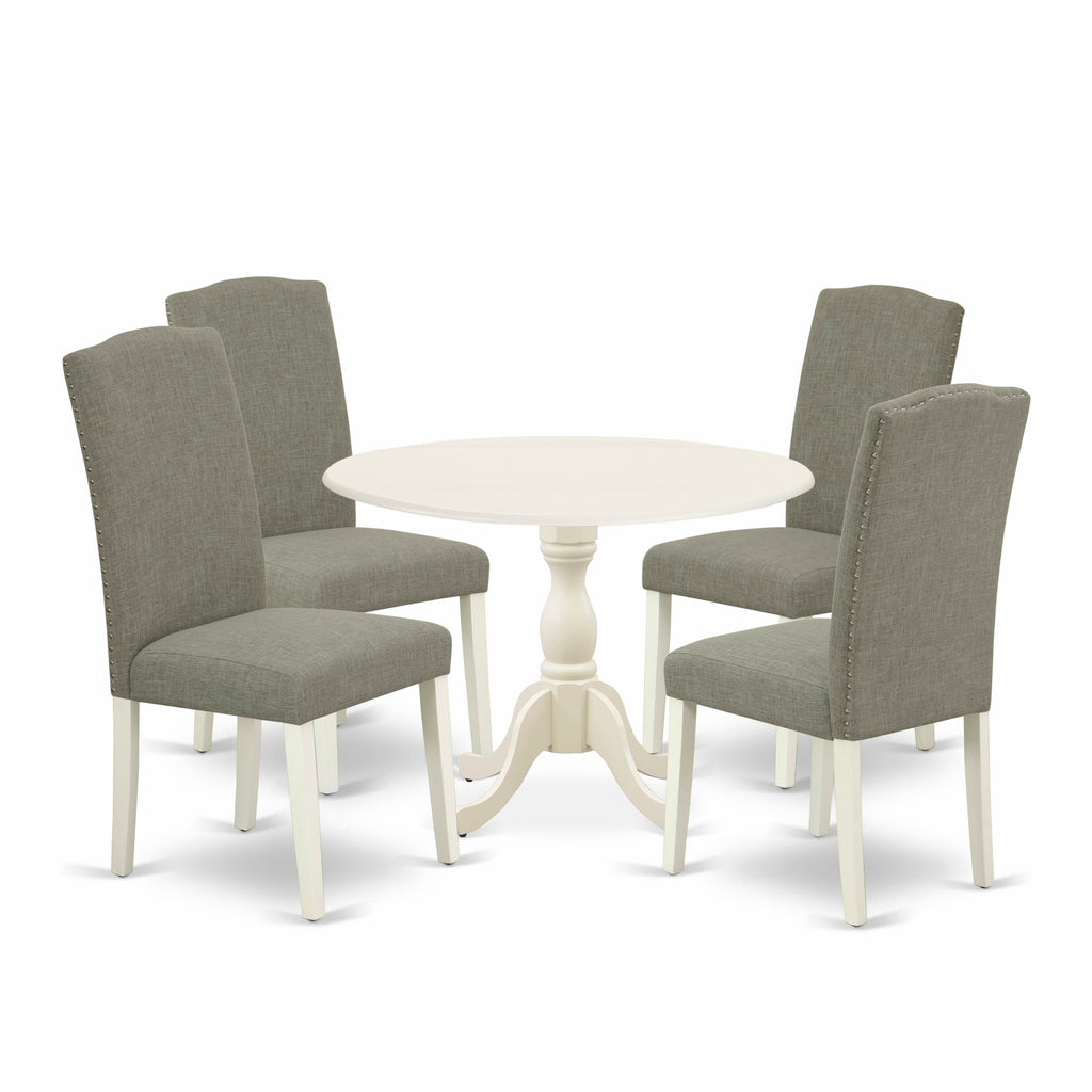 DMEN5-3AL-CG - Elegant Dropleaf Round Dining Set with Fabric Chairs, 5-Piece Linen Chair Ensemble for Family Meals