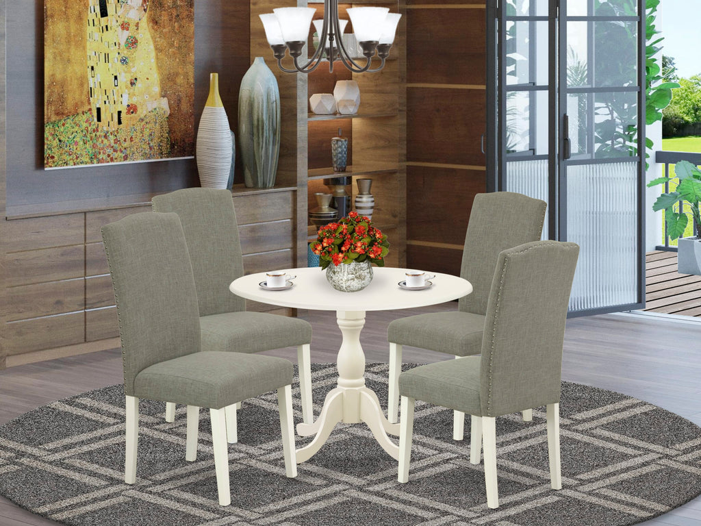 DMEN5-3AL-CG - Elegant Dropleaf Round Dining Set with Fabric Chairs, 5-Piece Linen Chair Ensemble for Family Meals