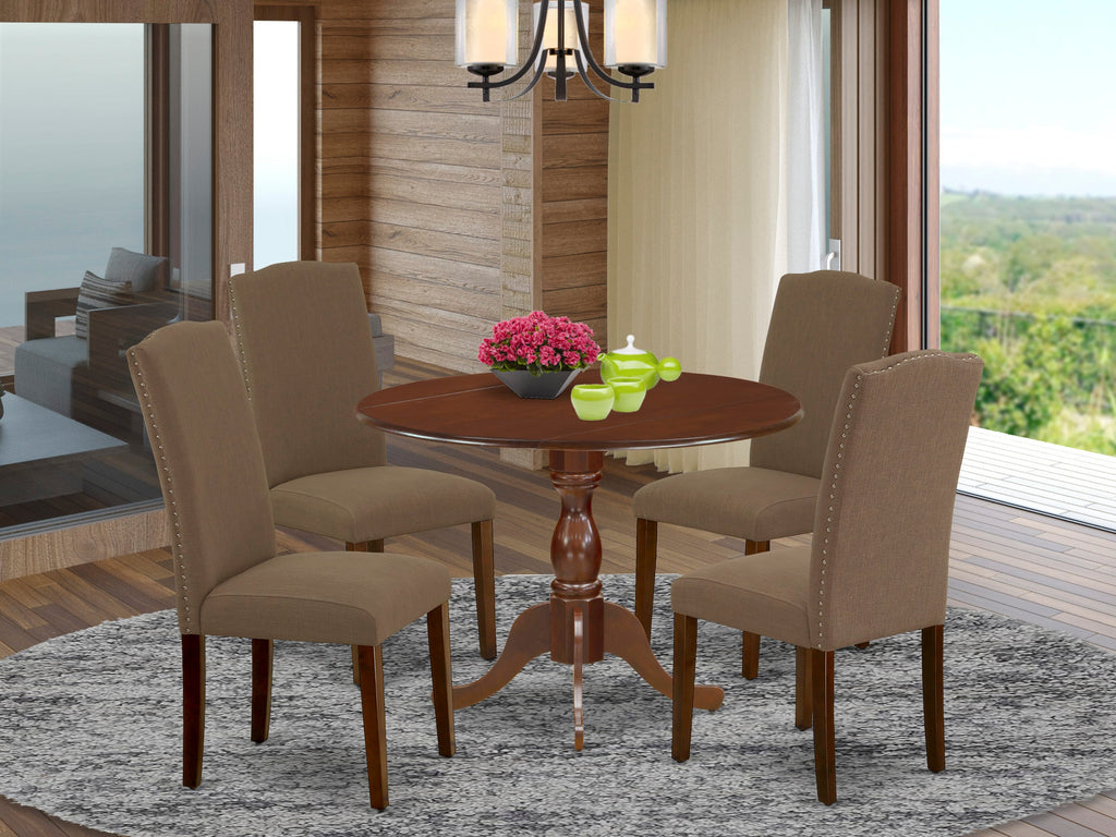 DMEN5-AWY-7H 5-Piece Dining Ensemble Set for Four with Circular Leaf Table and Coffee Linen Chairs, 42 Mahogany