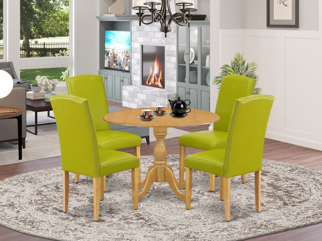 Dining Set DMEN5-H9Y-IZ Round Table with Dropleaf & 4 Faux Leather Chairs, Oak Finish