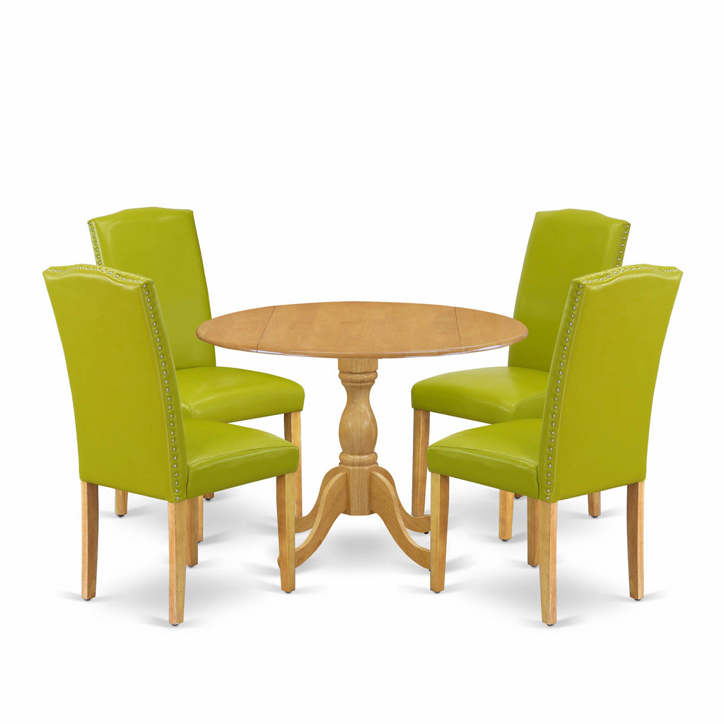 Dining Set DMEN5-H9Y-IZ Round Table with Dropleaf & 4 Faux Leather Chairs, Oak Finish