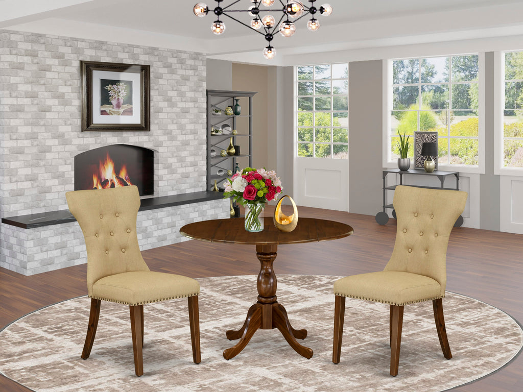 DMGA3-6SI-JO Compact 3-Piece Dining Set with Round Dropleaf Table & 2 Parsons Chairs in Warm Walnut Finish for Cozy Spots