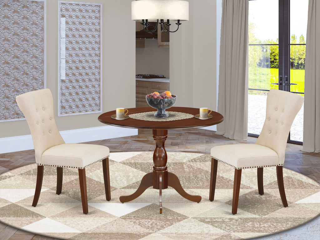 DMGA3-3YG-HJ Stylish Dining Ensemble with Round Table and Upholstered Chairs in Beige Linen, 3-Piece Set, 42 Mahogany