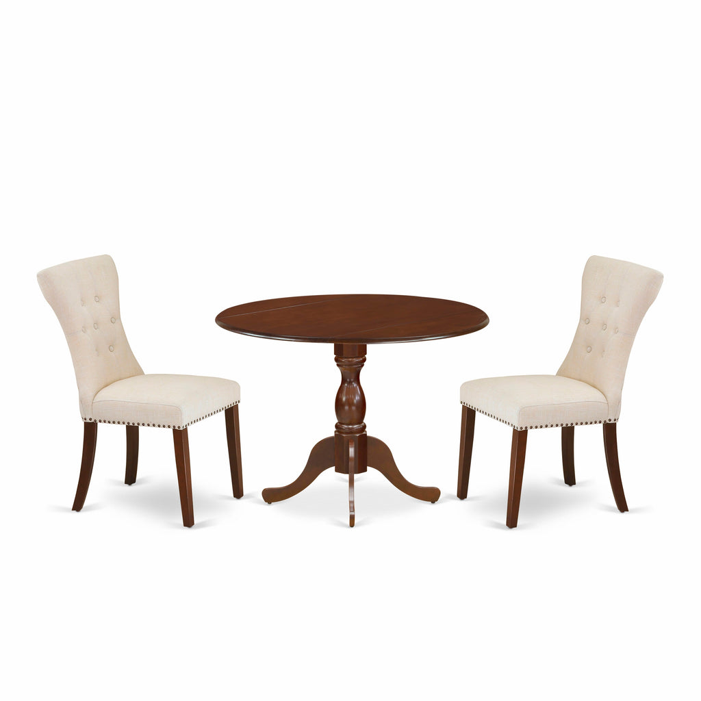 DMGA3-3YG-HJ Stylish Dining Ensemble with Round Table and Upholstered Chairs in Beige Linen, 3-Piece Set, 42 Mahogany