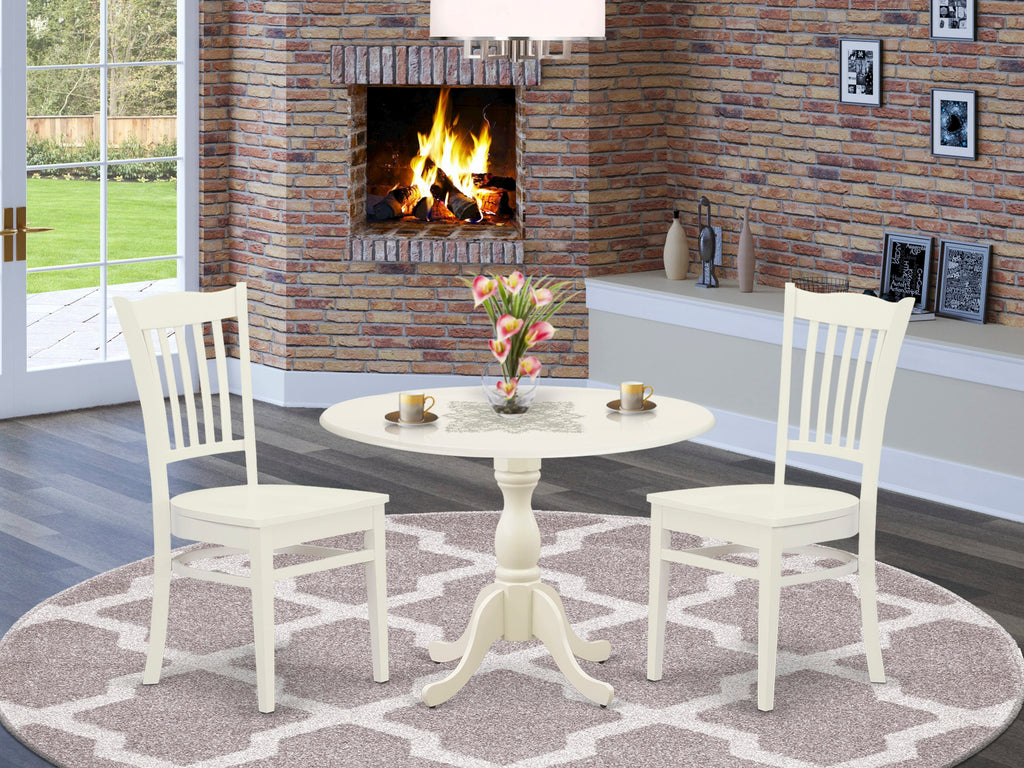DMGR3-KQO-7 3-Piece Compact Dining Set with Round Table and Dropleaf, 2 Cozy Chairs, White Finish