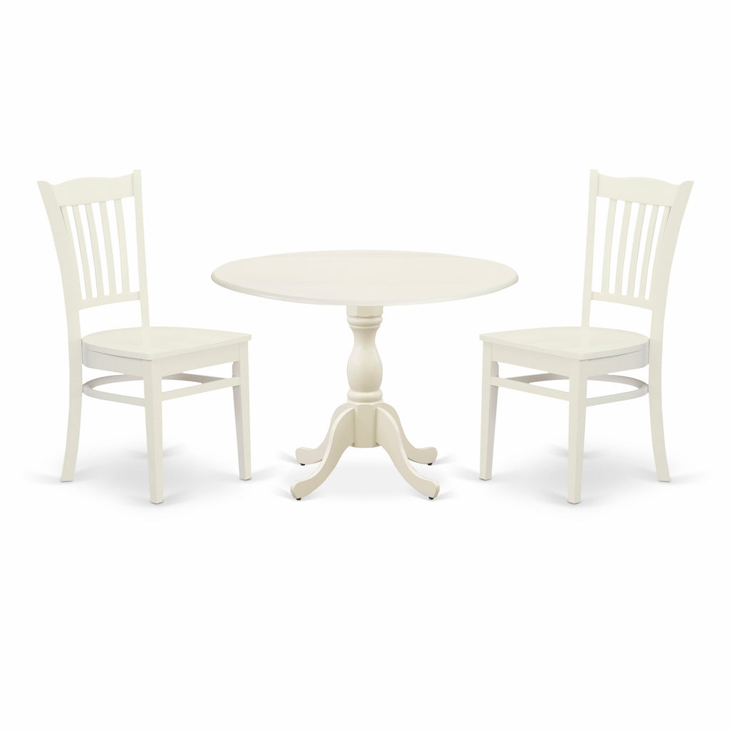 DMGR3-KQO-7 3-Piece Compact Dining Set with Round Table and Dropleaf, 2 Cozy Chairs, White Finish